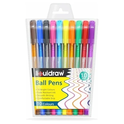 Image of Liquidraw Ballpoint Pens Set Of 10 Assorted Colours Multicolour Ball Medium Point 1.0mm Multicoloured Pen Smooth Writing Comfortable Grip For Home, School &amp; Office
