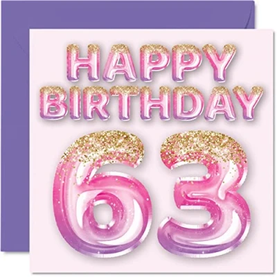 Image of 63rd Birthday Card for Women Pink &amp; Purple Glitter Balloons Happy Cards 63 Year Old Woman Mum Nanny Grandma Gran Auntie, 145mm x Sixty Three Third Bday Greeting Gift