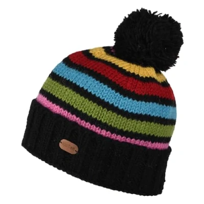 Image of Kusan Striped Turn Up Bobble Hat Grey Pink Blue
