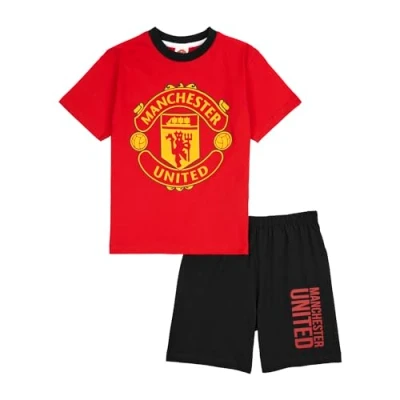 Image of Manchester United F.C. Boys Pyjamas, Man Utd T Shirt and Shorts PJs Set, MUFC Gifts for 13 14 Years Red