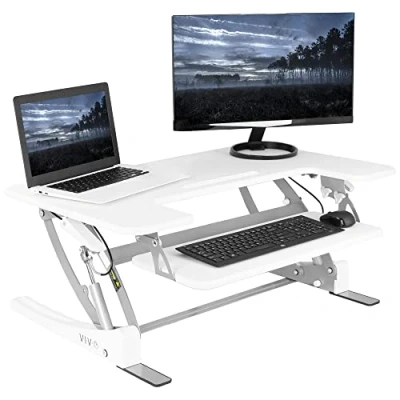 Image of VIVO Height Adjustable 36 inch Stand up DESK Converter, Quick Sit to Tabletop Dual Monitor Riser Workstation, White, V000VW…