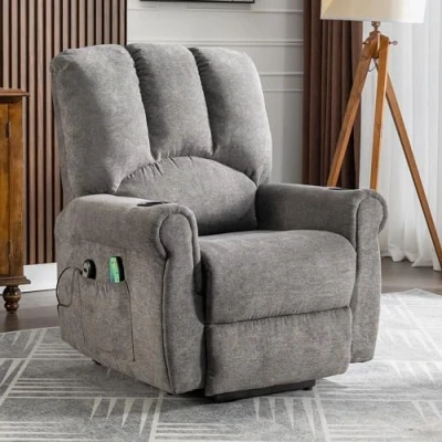 Image of Merax Power Lift Geriatric Recliner Armchair, Reclining Chairs with Single Motor, Heated Massage, Standing Assist, Storage Bag, Cup Holder, Riser and Armchairs for Living Room, Grey
