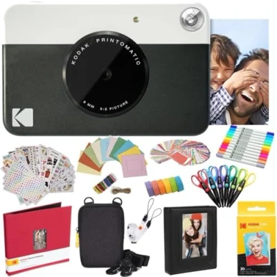 Image of KODAK Printomatic Instant Camera (Black) All In Bundle + Zink Paper (20 Sheets) Case Photo Album 7 Sticker Sets Markers Scissors