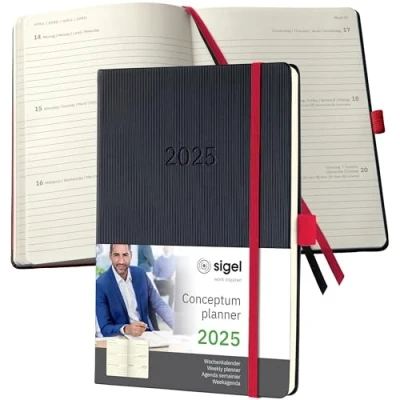 Image of SIGEL C2508 Conceptum Weekly Planner 2025, Approx. A5, Black, red, hardcover, 2 Pages = 1 Week, 192