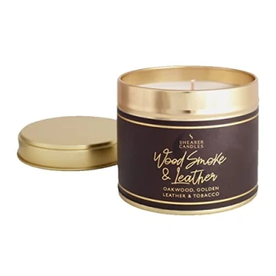 Image of Shearer Candles Wood Smoke &amp; Leather Scented Large Gold Tin Candle
