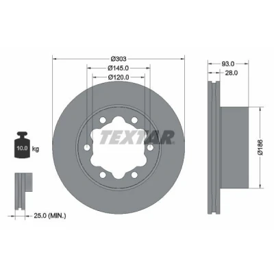 Image of 98200143401PRO Brake disc TEXTAR PRO 93143403 303mm 28mm 06/06 145mm internally vented Coated MERCEDES BENZ: V Class, Sprinter 3.5 T Van