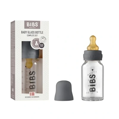 Image of BIBS Baby Glass Bottle. Anti colic. Round Natural Rubber Latex Nipple. Supports Breastfeeding, 110 ml, Iron