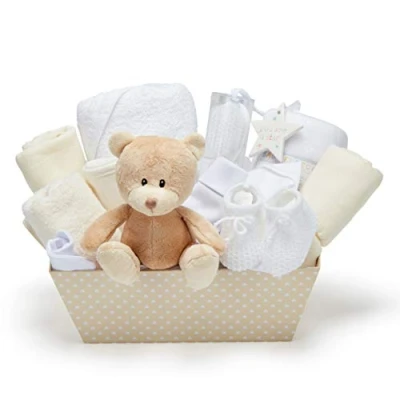 Image of Baby Box Shop 17 Unisex Gifts Ideal for Shower Gifts, Gender Reveal &amp; Christenings with New Essentials Newborn and Plush Brown Teddy Bear