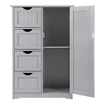 Image of Luebel Grey Wooden 4 Drawer 2 Shelves Bathroom Storage Cupboard Cabinet With one Door
