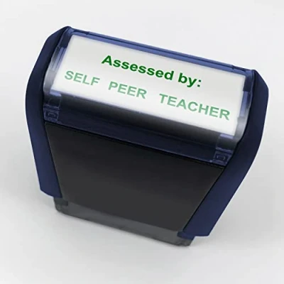 Image of Assessed by: Self/Peer/Teacher Pre Inked School Teachers Marking Stamper Stamp 38x15mm Primary Teaching Services (Green)
