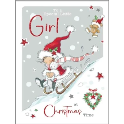 Image of Special Little Girl Christmas Card Sledging in the Snow Artistic Festive Design Finishes and Illustrated Insert Leaf Made UK