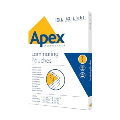 Image of Fellowes Apex A3 Laminating Pouches, Glossy Finish, 100 Sheets Light Duty Ideal for Notices and Photos