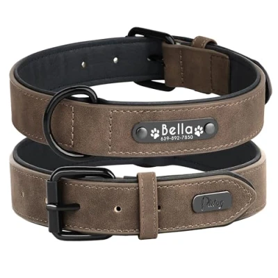 Image of Didog Soft Leather Padded Custom Dog Collar with Personalized Nameplate and D Ring, Engraved Collars for Small Medium Large Dogs,Brown,XL
