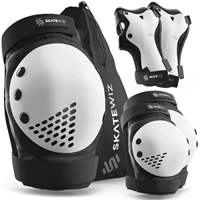 Image of SKATEWIZ Knee and Elbow Pads for Children Kids SMASH Size M/L Black White Scooter Skate