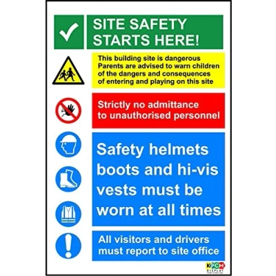 Image of Construction Site safety starts here sign Self adhesive sticker 300mm x 200mm