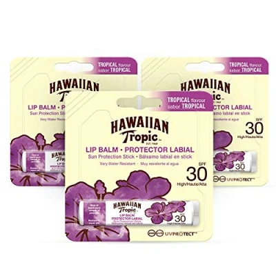 Image of Hawaiian Tropic Lip Balm Pack of 3 Sunscreen SPF 30, Tropical Flavor, 4 g