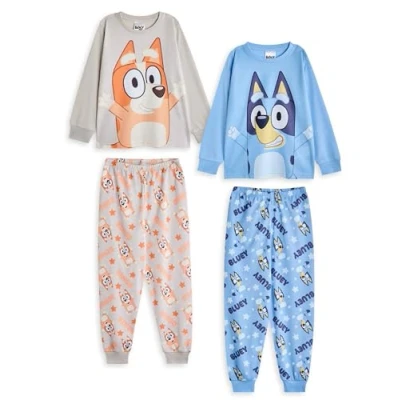 Image of Bluey Kids Pyjama Set Pack of 2 Childrens Bingo Character Graphic Long Sleeve Top &amp; Leg PJ Bottoms in Blue Beige Boys Girls Puppy All Over Print Nightwear TV Series Merchandise