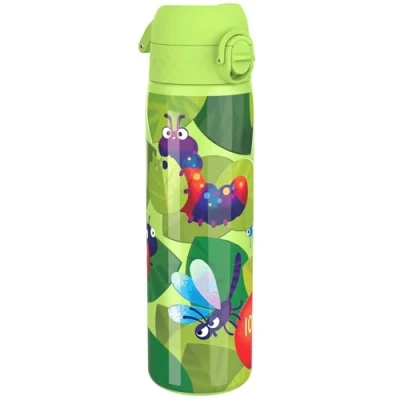 Image of Ion8 Steel Water Bottle, 600 ml/20 oz, Leak Proof, Easy to Open, Secure Lock, Dishwasher Safe, Flip Cover, Fits Cup Holders, Carry Handle, Durable, Metal Raised Print, Bugs Life Design