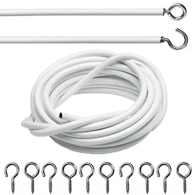 Image of The Home Fusion Company White Net Voile Curtain Wire Cord Including Hooks &amp; Eyes 1 Mtr 3Mtr Lengths