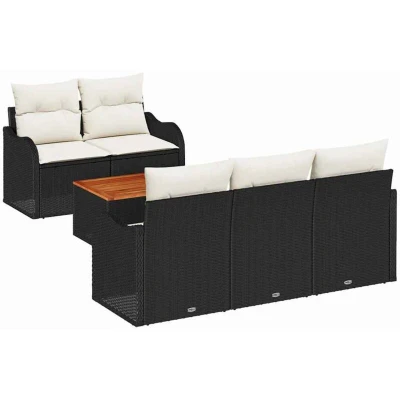 Image of 6 Piece Garden Sofa Set with Cushions Black Poly Rattan Acacia Vidaxl