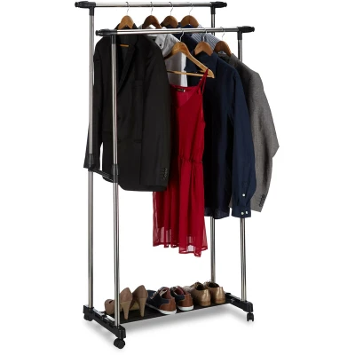 Image of Relaxdays Garment Rack with 2 Clothes Rails on Wheels, Adjustable, HWD: 162x150x48 cm, Silver/Black