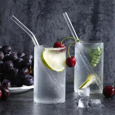 Image of Pack of 4 Glass Straws Clear Reusable Straw Durable Drinking for Smoothie Cocktail Milkshake Cold Drinks 2 Straight Bent and 1 Cleaner
