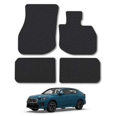 Image of Rubber Car Mats Compatible With BMW Ix2 (2024+) Tailored Fit Floor Liner Set Accessory Black Custom 4 Pieces Anti Slip Backing, Heavy Duty &amp; Waterproof, Easy Clean