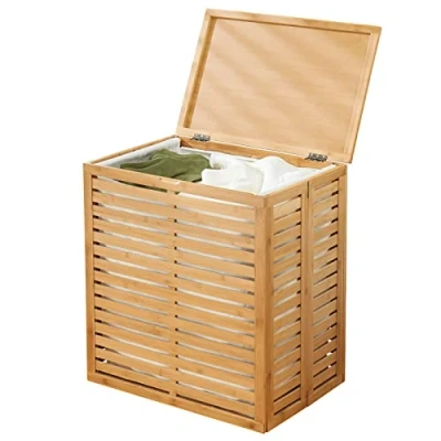 Image of mDesign Laundry Basket Practical Bamboo Hamper with Lid Foldable Clothes Storage Removable Liner Natural