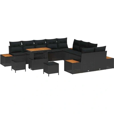 Image of vidaXL 13 Piece Garden Sofa Set with Cushions Black Poly Rattan Acacia