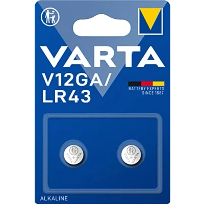Image of Varta V12GA / LR43 Alkaline Button Cell Batteries Pack of 2 in Original Blister Packagingc