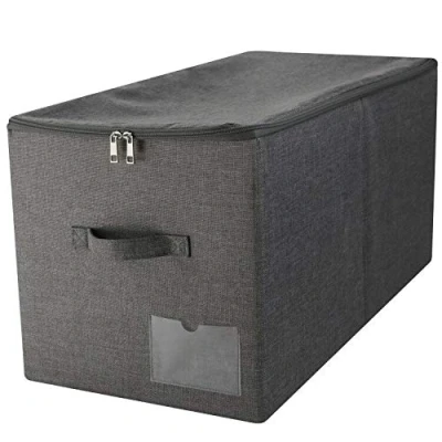 Image of Amonsen 60L Extra Large Size Folding Storage Boxes, 3 Side Zip Lid &amp; 2 Handles, Label Pocket, Good for Store Blankets Duvets Down Jackets, Beddings etc..Black Gray