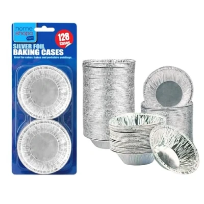 Image of HOMESHOPA Aluminium Foil Pie Trays Muffin Cases Cake Tins, 128Pk Small Silver Cupcake for Pudding Dishes, Basins Pancake Bun Cases, Baking Moi Moi, Muffin, Egg Tart