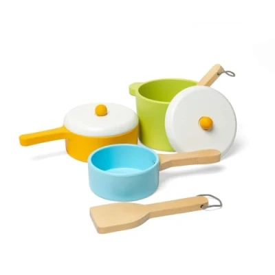 Image of Bigjigs Toys Wooden Pots &amp; Pans 7 Piece Pretend Playset For Children, Kids Kitchen Accessories, Sustainable Gifts Playsets, Nurtures Mini Imaginations, Age 18 Month Old +