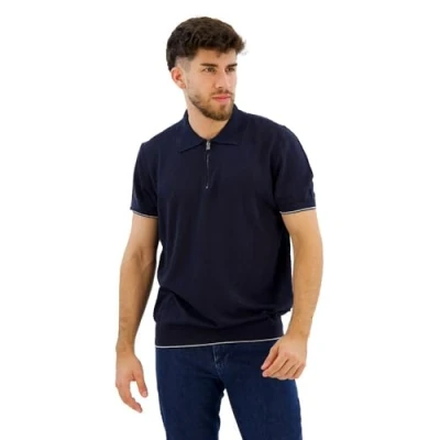 Image of Hugo Boss Black Mens Trieste Half Zip Short Sleeved Polo Shirt Dark Blue Size Medium