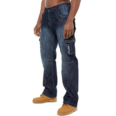 Image of BRAND KRUZE Mens Cargo Combat Denim Jeans KZ103 Work Trousers Pants All Waist Sizes DSW 36 R Dark Blue