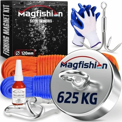 Image of MAGFISHION Magnet Fishing Kit 625 KG (1370lb) Ø120mm Super Strong Neodymium with 2 Ropes, Carabiners, Grappling Hook, Gloves, Threadlocker Magnetic Powerful Magnets