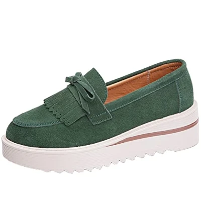 Image of Women Loafers Suede Leather Tassel Bow Knot Slip On Casual Shoes Lightweight Breathable Anti Skid Platform Green