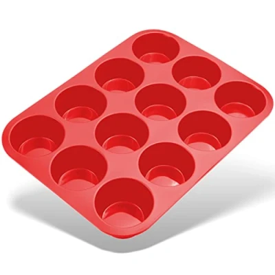 Image of Belmalia Muffin Tray Silicone, 12 Holes, 33 x 25 3 cm, Non Stick Coating, Cupcake Muffins Tin Red