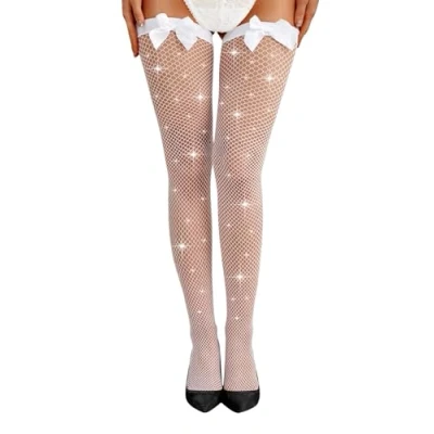 Image of Malustar Sparkling Fishnet Hold Up Stockings with Bows (White)