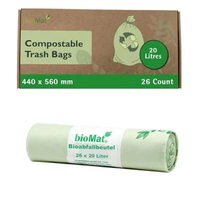 Image of bioMat Compostable 20l Bin Liners with Carrying Handle, 26 Bags, Premium Quality, DIN+ certified, Climate Neutral, Made in Germany
