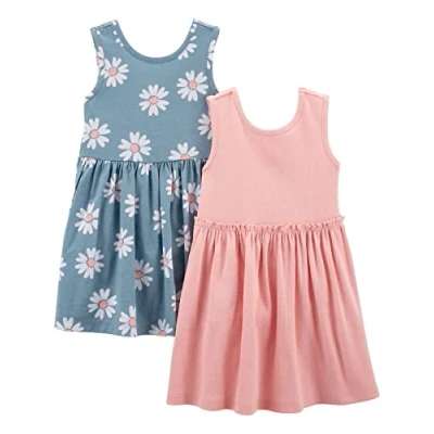 Image of Simple Joys by Carter&#039;s Girls&#039; Short Sleeve and Sleeveless Dress Sets, Pack of 2 Playwear, Dusty Blue Floral/Pink, 18 Months