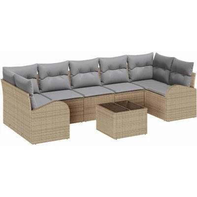 Image of vidaXL 8 Piece Garden Sofa Set with Cushions Beige Poly Rattan