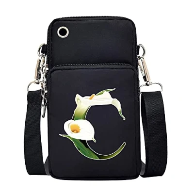 Image of FINDING CASE initial letter Printed Women Girls men Zipper Waterproof Nylon 3 Layers Crossbody Bags Wallet Cellphone Purse Shoulder Bag Wristlet Handbags Adjustable Strap (Flower color C)