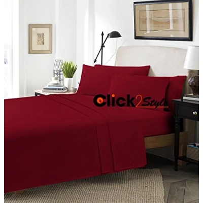 Image of clicktostyle Flat Sheets Polycotton Percale T180 Non Iron Easy Care Pillow Cases Sold Separately (King, Burgundy)
