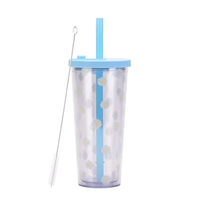 Image of Reusable Boba Cup Smoothie with Resealable Lid Plug 20 oz Double Wall Insulated Tea Tumbler Milk Wide Straw (Light Blue)
