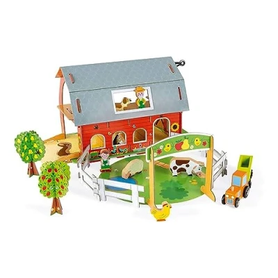 Image of Janod Animal Farm Story 10 Wooden Figurines Imagination Toy Animals with Characters and Vehicles Compatible Existing Rails On The Market Ages 3 Up, J08577