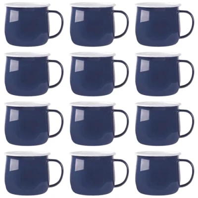 Image of Argon Tableware Coloured Coffee Mugs 375ml Pack of 12 Navy Tea Metal Insulated Enamel Lightweight Camping Belly Latte Mug Hot Chocolate