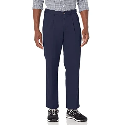 Image of Amazon Essentials Men&#039;s Classic Fit Wrinkle Resistant Pleated Chino Trouser (Available in Big &amp; Tall), Navy, 56W / 32L