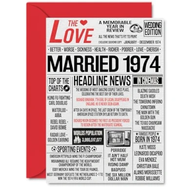 Image of 50th Anniversary Cards for Men Women Married 1974 Newspaper Happy 50 Wedding Card Husband Wife Dad Mum Nan Grandad Vintage Retro 1974, A5 Greeting