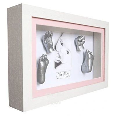 Image of BabyRice Baby Girl Gift 3D Hand and Foot Casting Kit with Deluxe White Wooden Photo Cast Frame Silver Casts